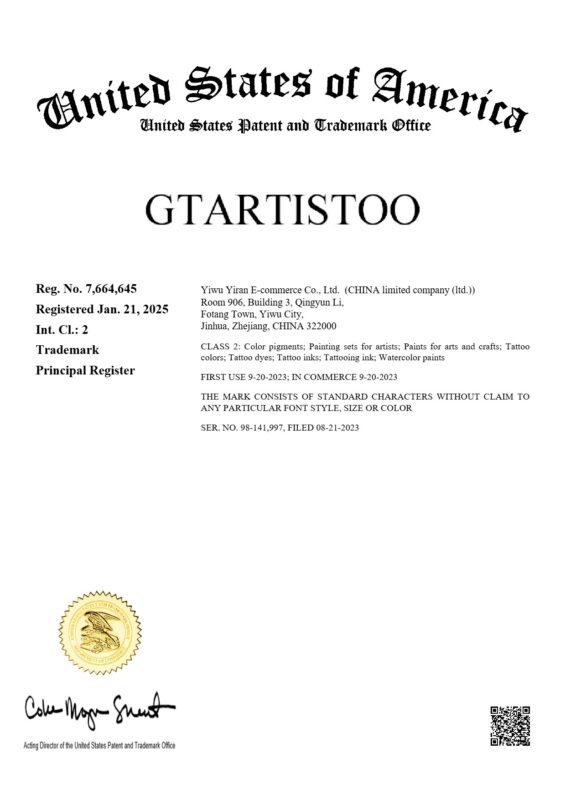 GTARTISTOO US Trademark Certificate