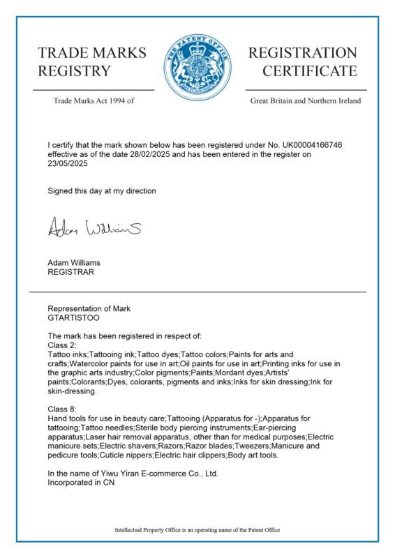 GTARTISTOO UK Trademark Certificate