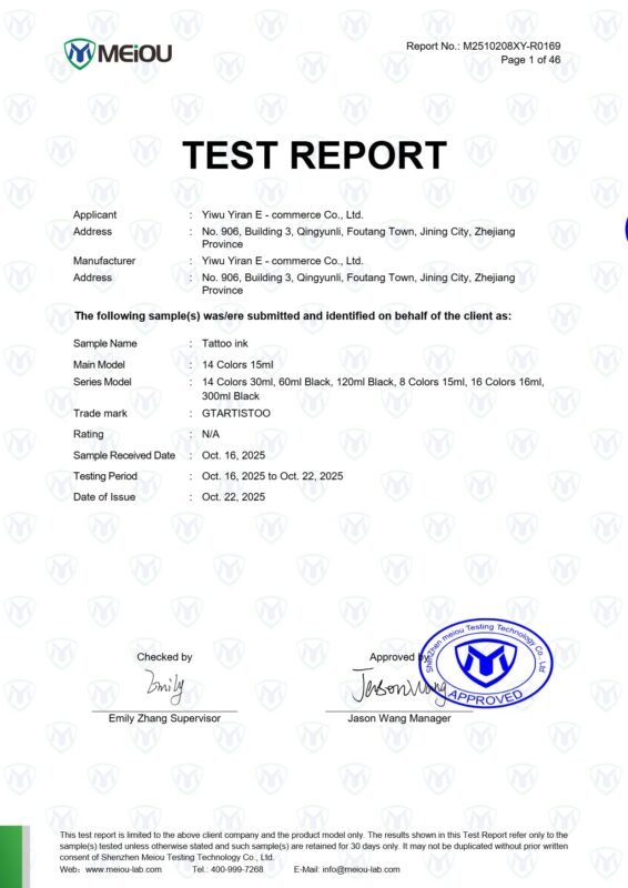 tattoo ink REACH250 Certificate