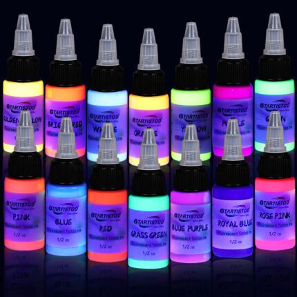 Gtartistoo fluorescent tattoo ink set with 14 colors in 1/2oz bottles