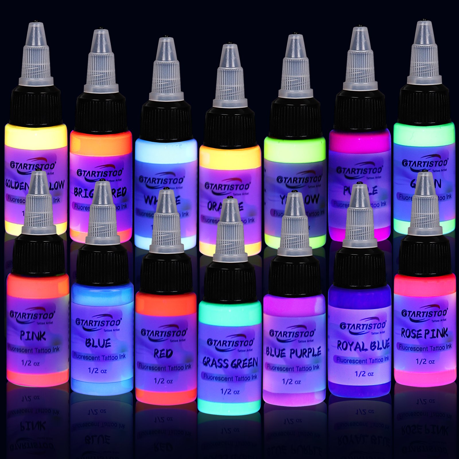 gtartistoo-fluorescent-tattoo-ink-set-14-colors Gtartistoo fluorescent tattoo ink set with 14 colors in 1/2oz bottles