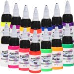 Gtartistoo fluorescent tattoo ink bottles displayed under ambient light