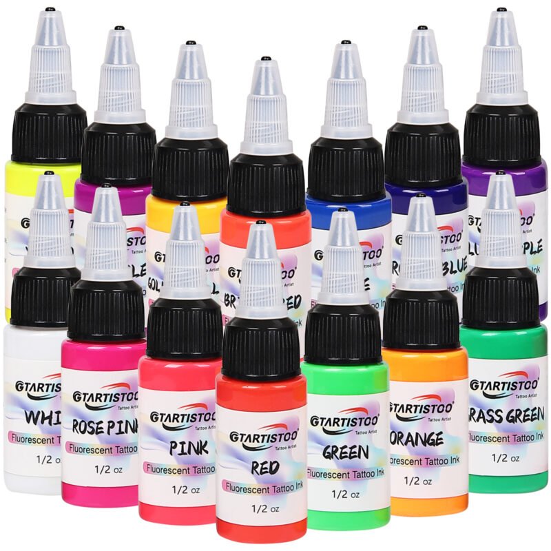 Gtartistoo fluorescent tattoo ink bottles displayed under ambient light