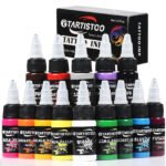 Gtartistoo tattoo ink bottles arranged by color on white background