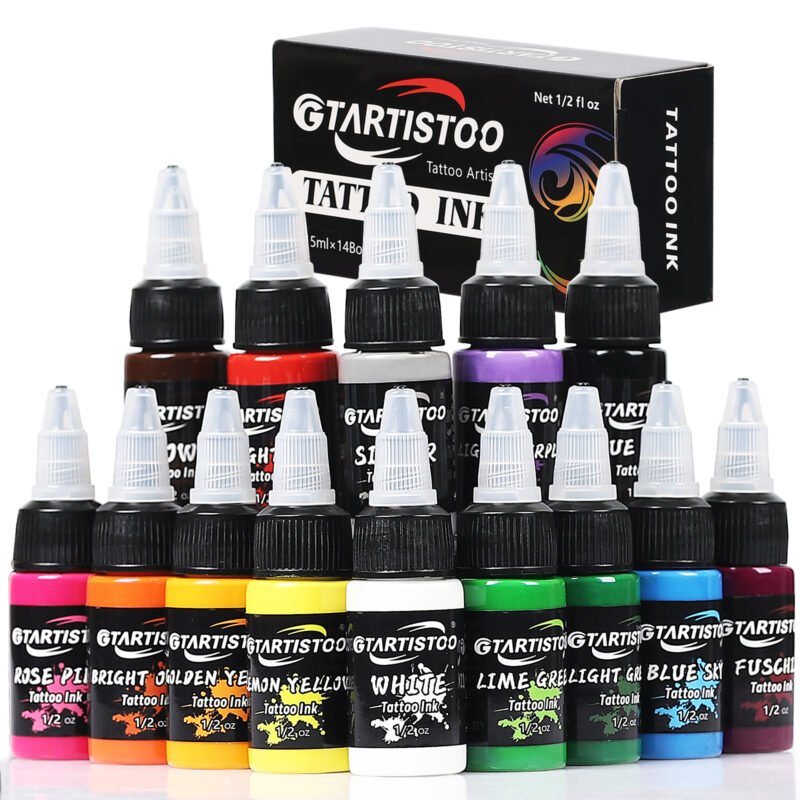 Gtartistoo tattoo ink bottles arranged by color on white background