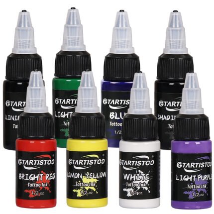 Close-up view of Gtartistoo tattoo ink 1/2oz bottles