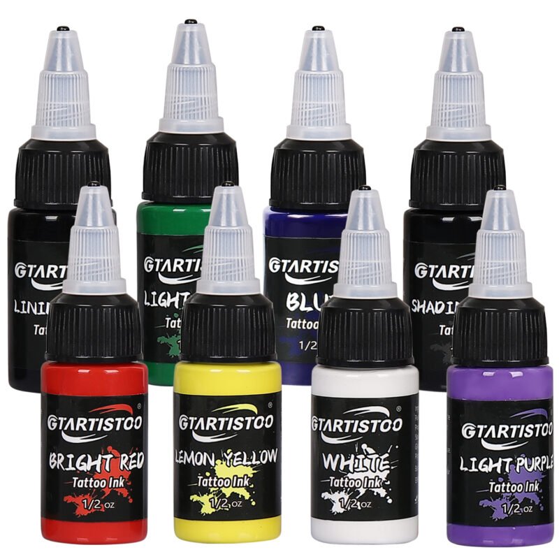 Close-up view of Gtartistoo tattoo ink 1/2oz bottles