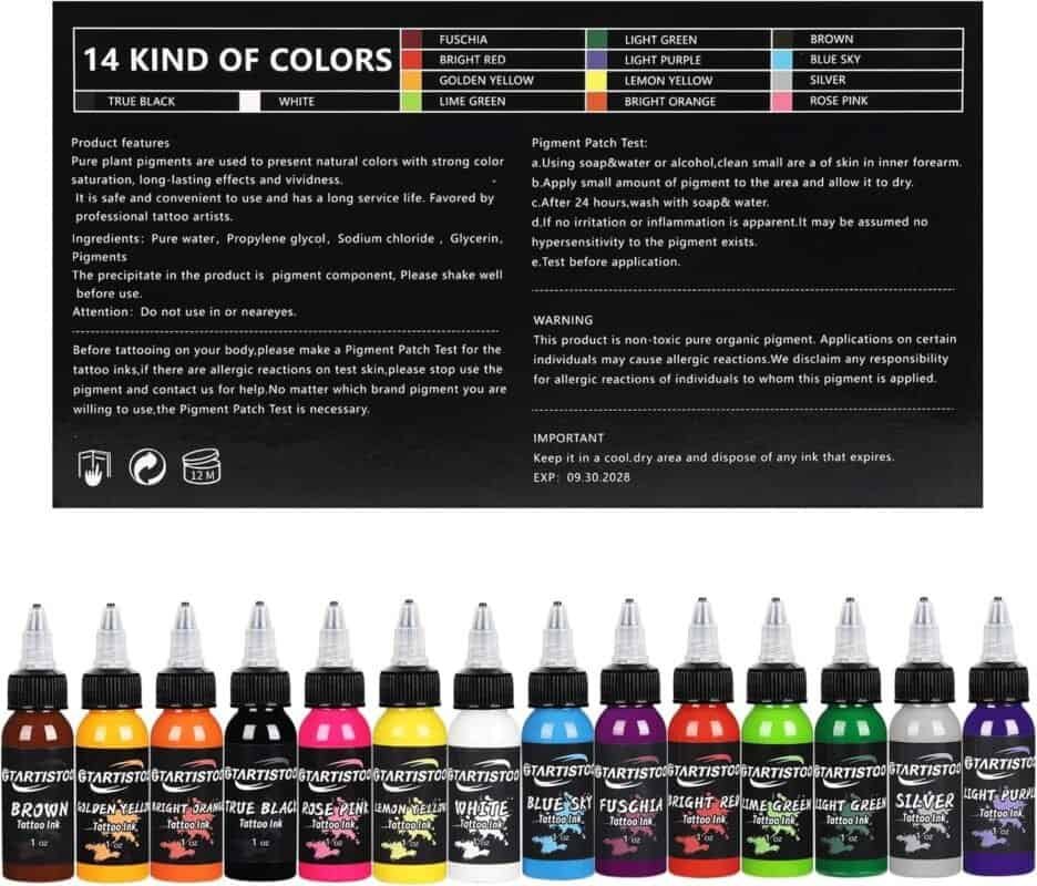 gtartistoo 14-color 1oz Tattoo Ink Set, including details such as ingredient color chart, etc.