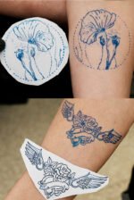Artista del tatuaje que utiliza una impresora térmica y dibuja a mano sobre papel de transferencia para obtener plantillas transparentes.