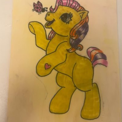 Client’s tattoo practice skin work: colorful My Little Pony design with a ladybug, hand-drawn on tattoo practice material