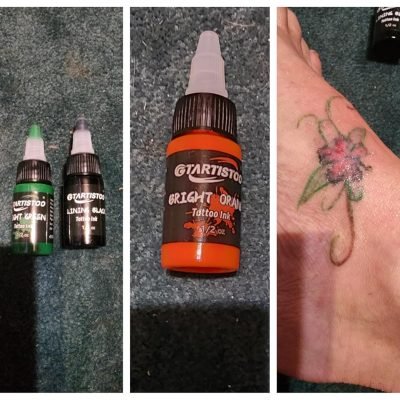 Collage of Gtartistoo Tattoo Ink 1/2oz 16-Colors Set (assorted colored ink bottles) and floral tattoo designs created with this 16-color tattoo ink on skin